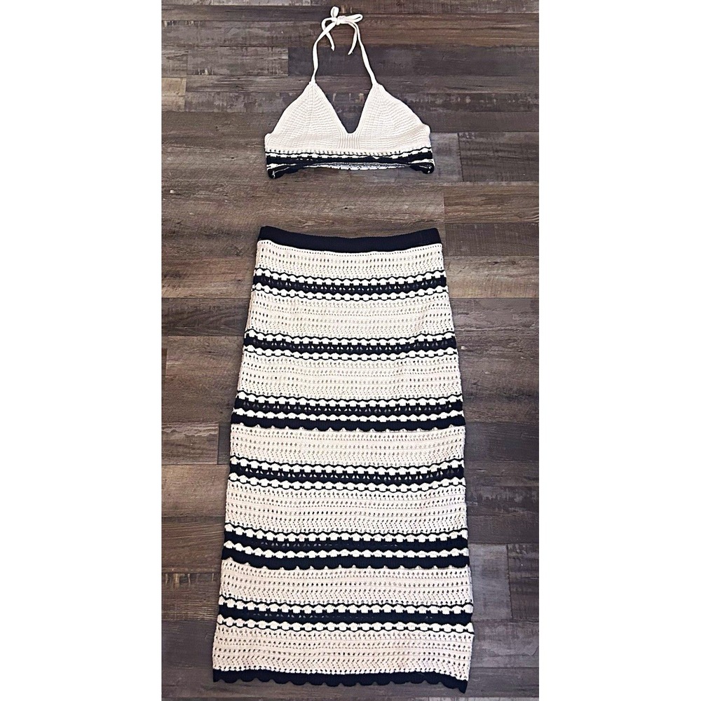 Sincerely Jules 2-Piece Knit Striped Set V-Neck Top & Skirt L Black/White